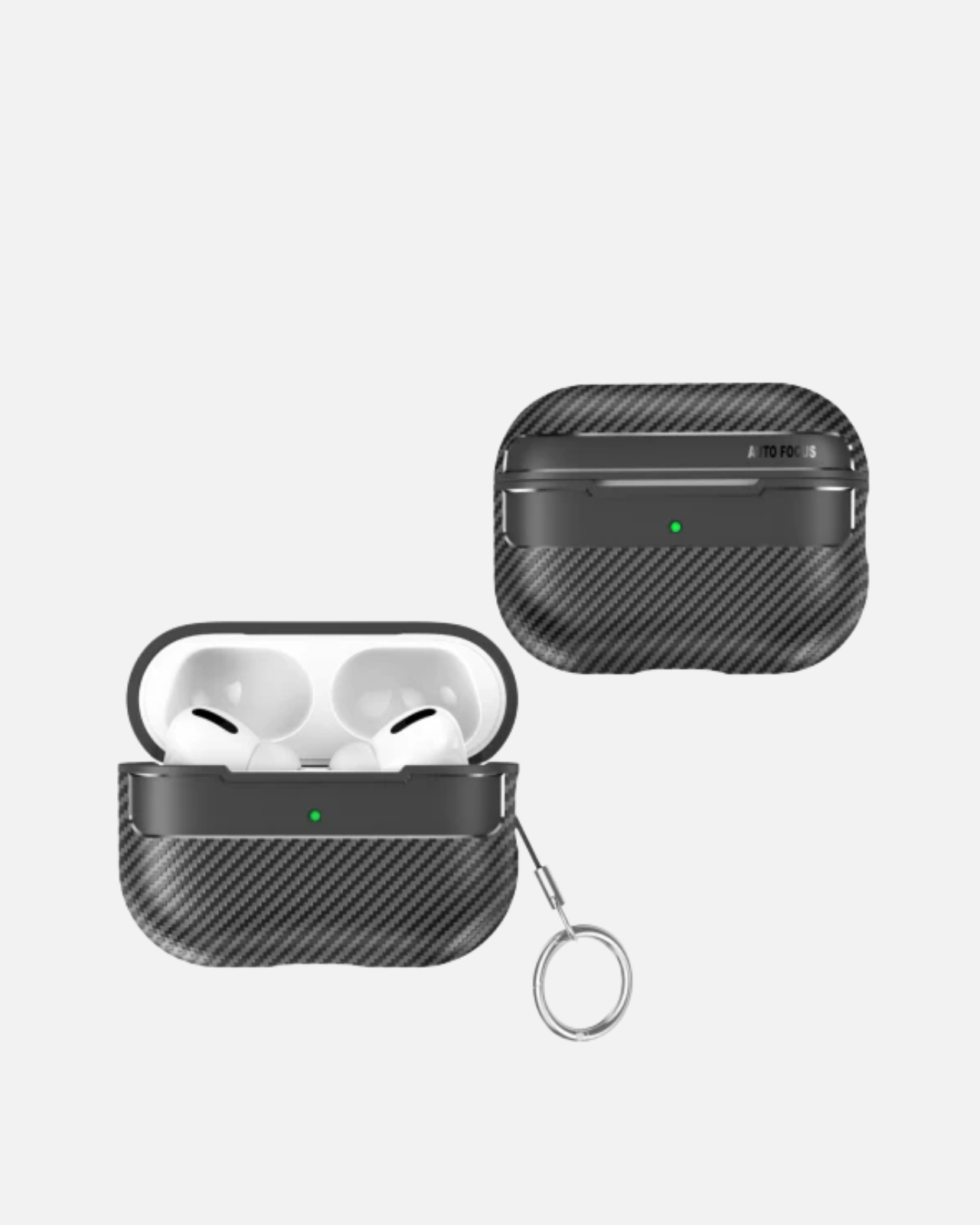 Carbon fiber AirPods Pro 2 case with keychain, featuring shockproof TPU and a high-grip finish.