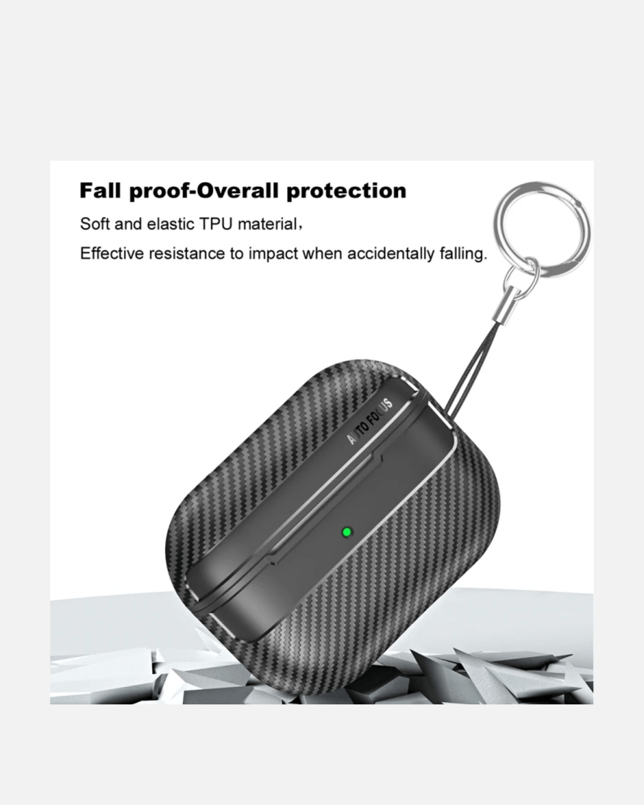Carbon fiber AirPods Pro 2 case with keychain, showcasing fall-proof TPU protection and effective impact resistance.