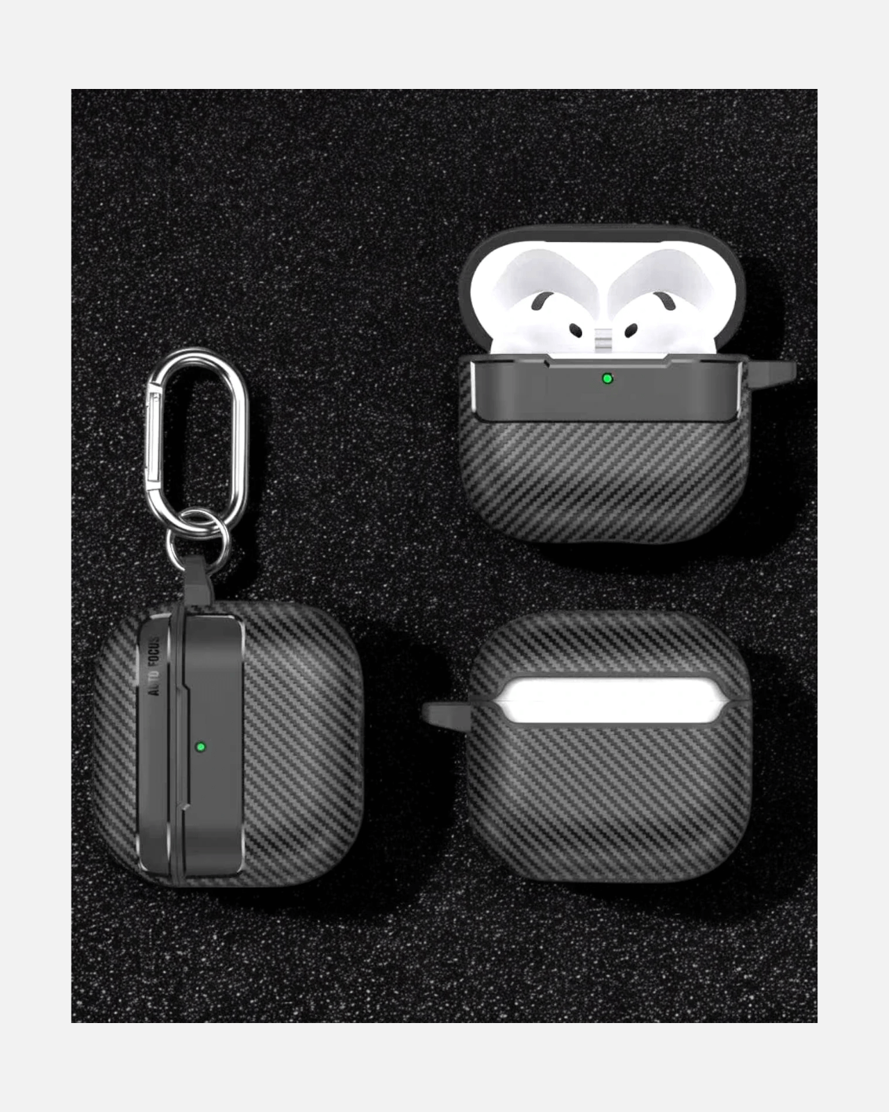 Carbon texture AirPods 4 case in black, featuring carabiner, for durable protection and stylish design.