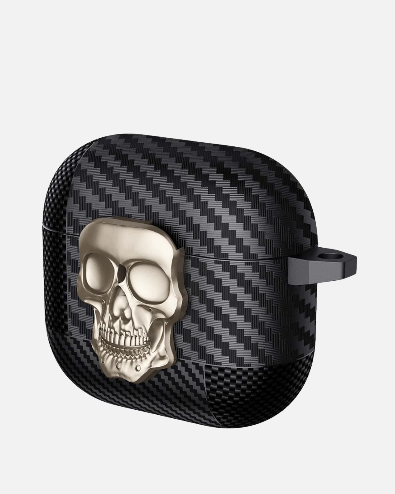 Carbon Skull AirPods case cover featuring a rugged design with a 3D skull emblem on a textured black surface.