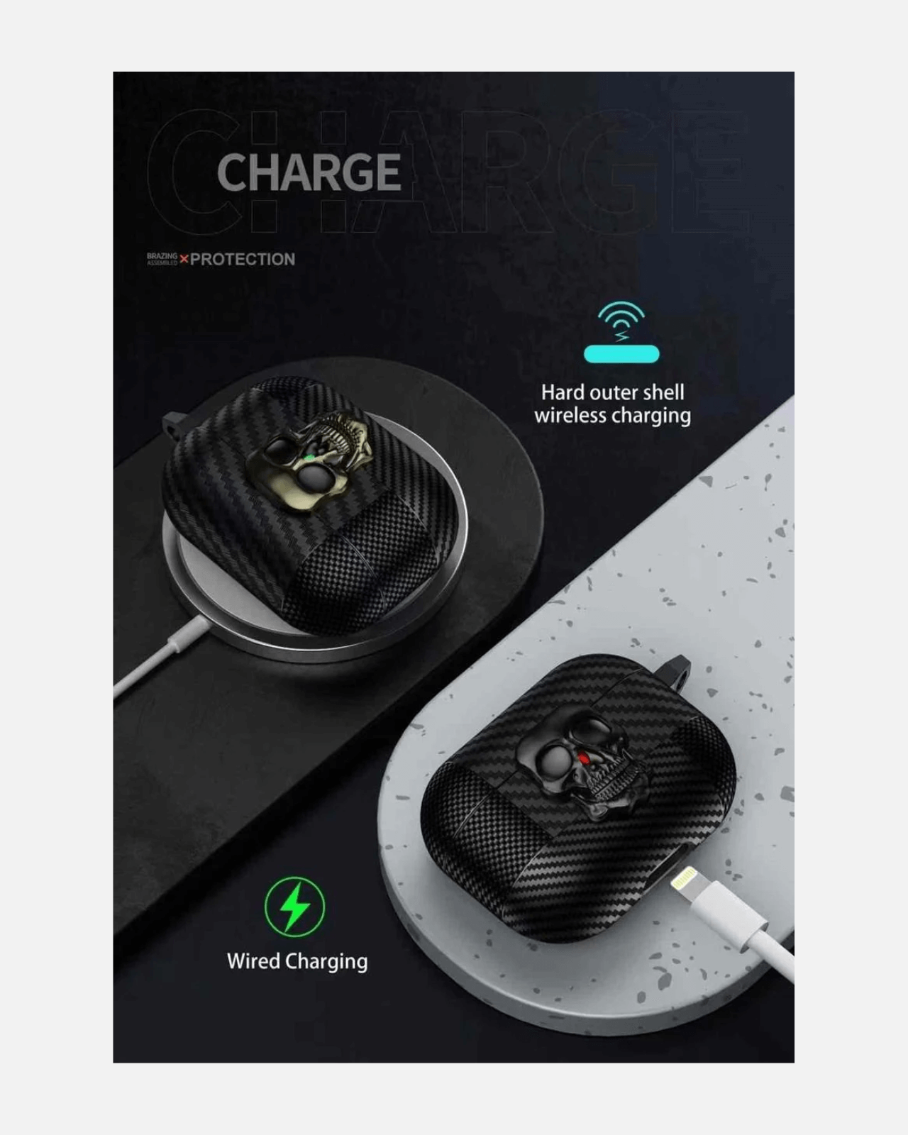 Carbon Skull AirPods Case showing wired and wireless charging with a rugged exterior for stylish protection.