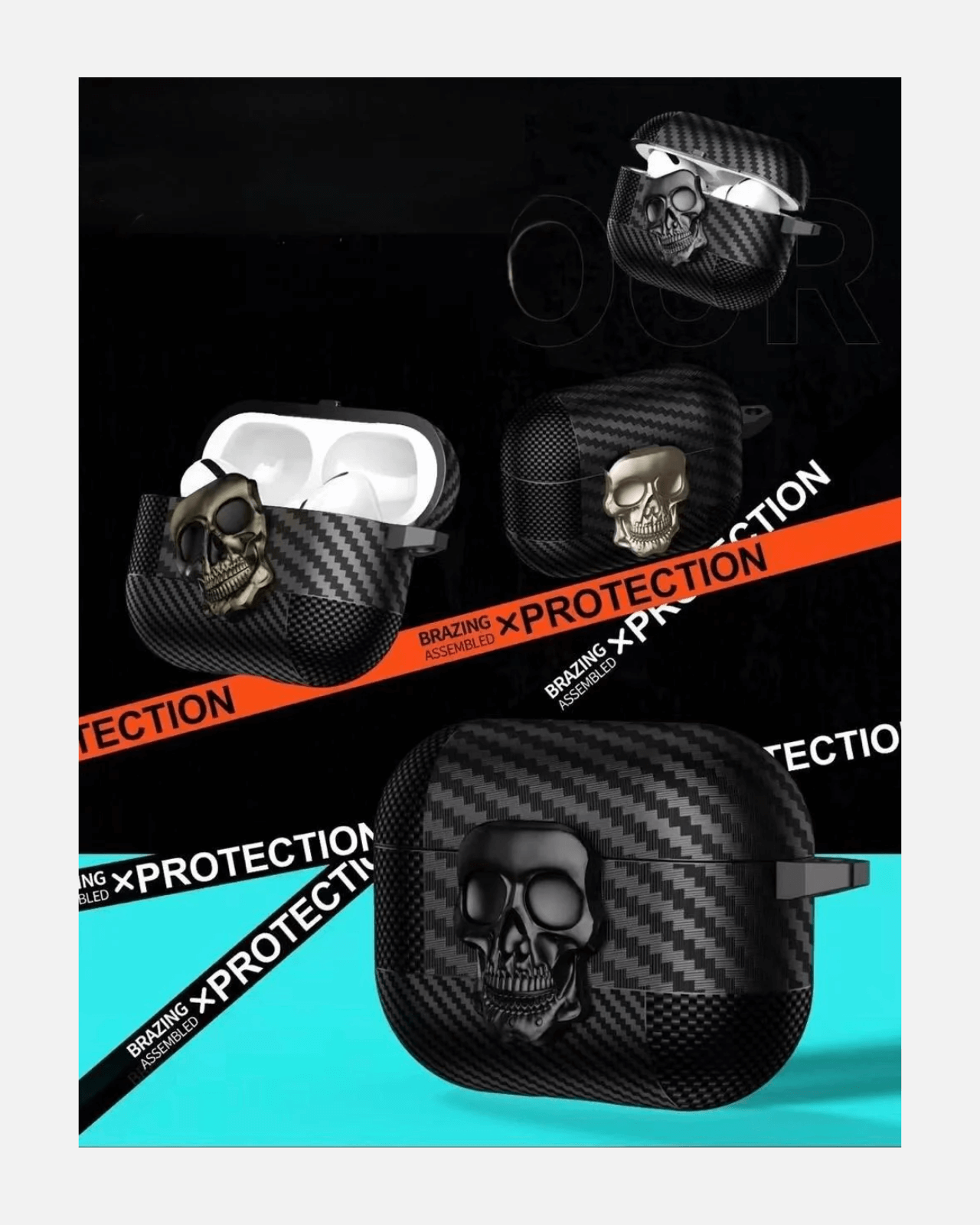 Carbon Skull AirPods Case Cover showcasing 3D skull design and rugged carbon fiber protection.