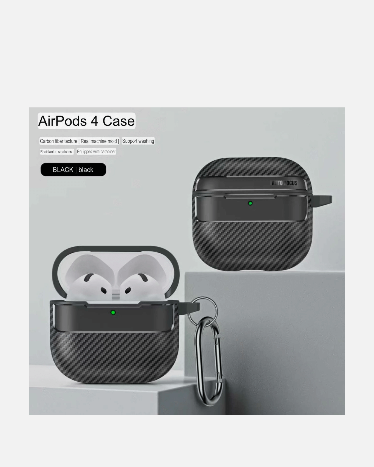 AirPods 4 case in black carbon texture, offering rugged protection with cutouts for easy charging and a carabiner for portability.
