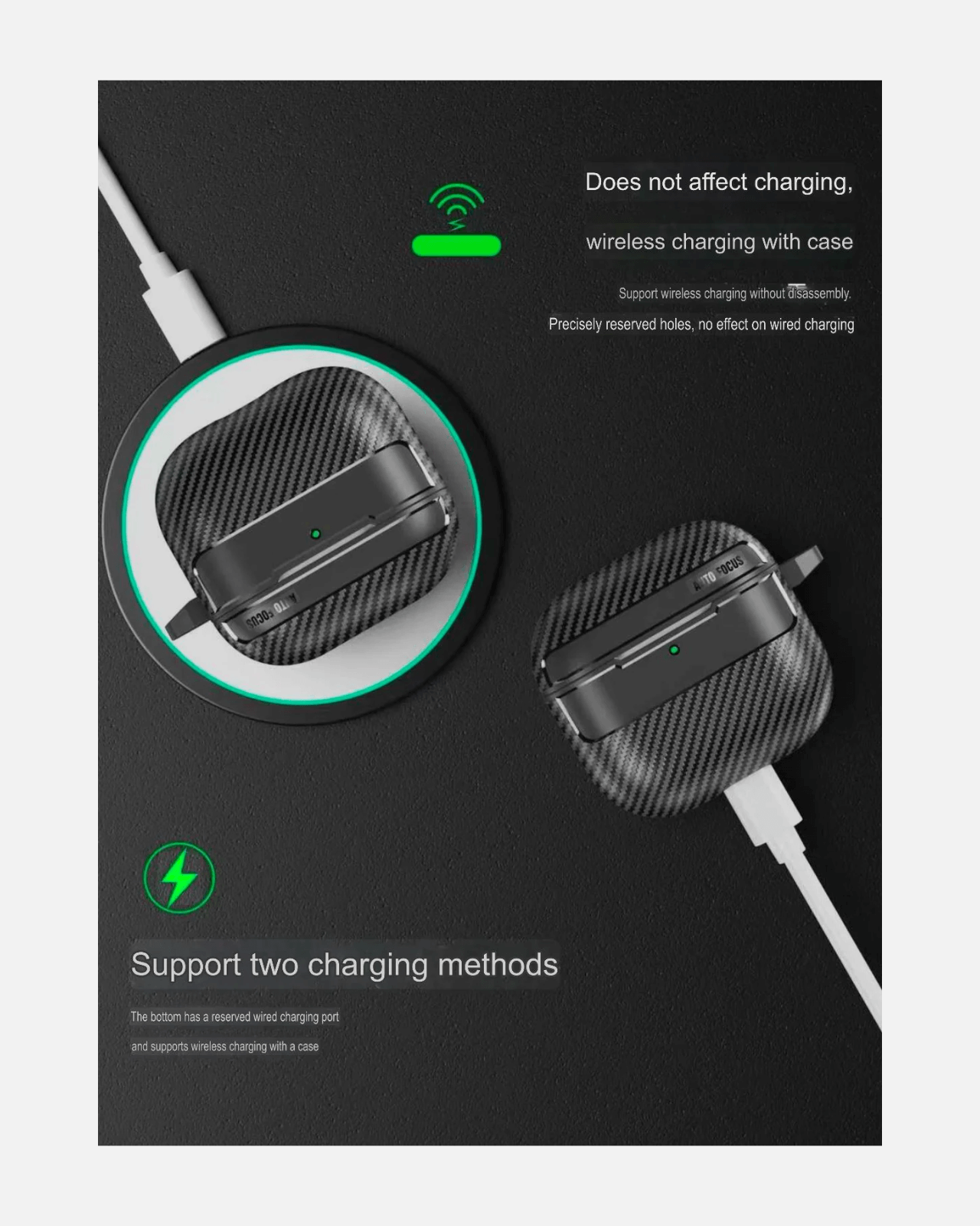 Carbon Fiber AirPods 4 Case showing wireless and wired charging support with precise cutouts for accessibility.