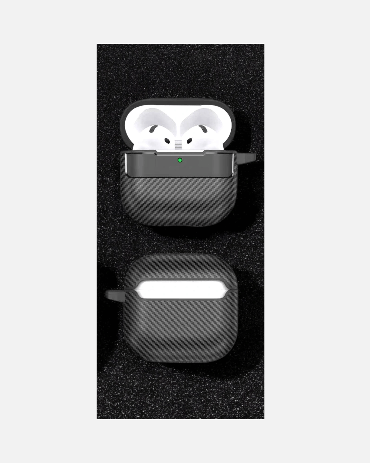 Black carbon texture case for AirPods 4, offering rugged protection and stylish design with precise cutouts.