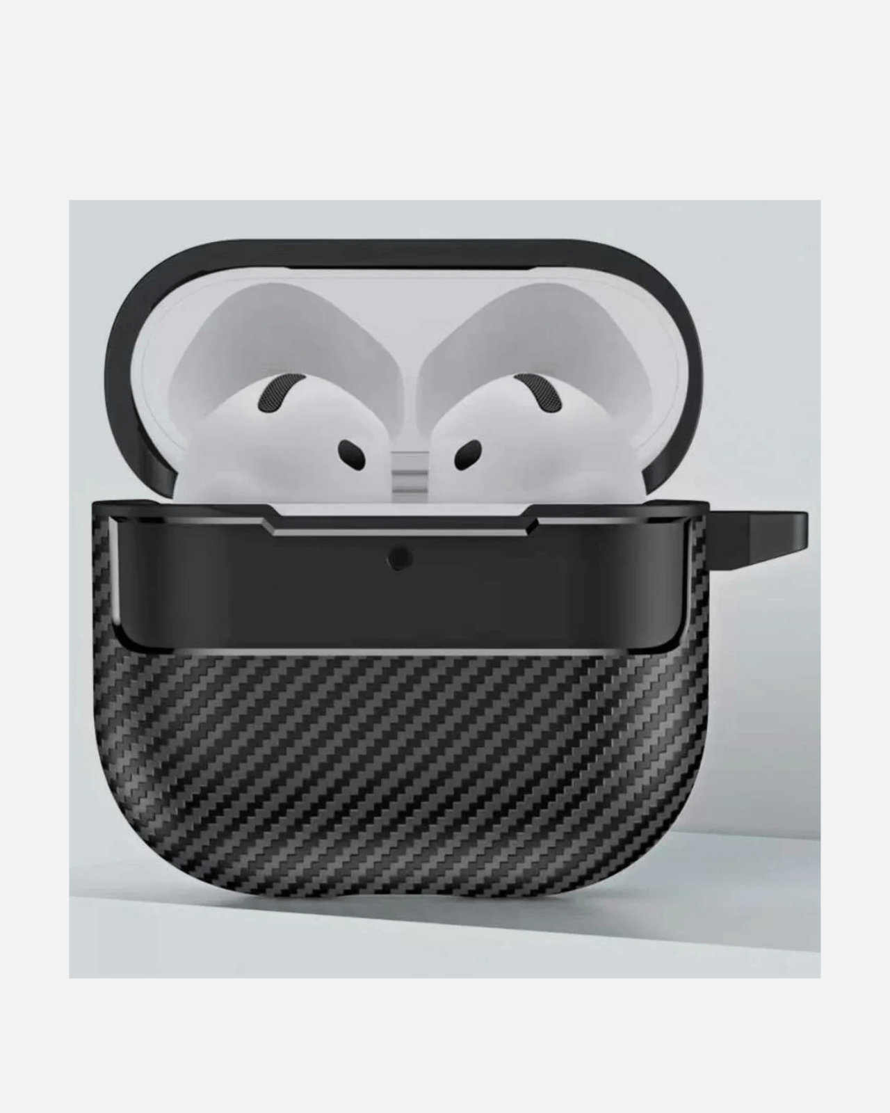 Carbon texture case for AirPods 4 in black, offering rugged protection and stylish design with secure carabiner.