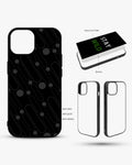 Charcoal Geometric Lines phone case construction specs for iPhone - aluminum plate, anti-skid, anti-dust, anti-shock callouts by Creslia