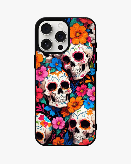 Color Skull Floral Case featuring vibrant flowers and skulls, perfect for iPhone and Samsung phone protection.