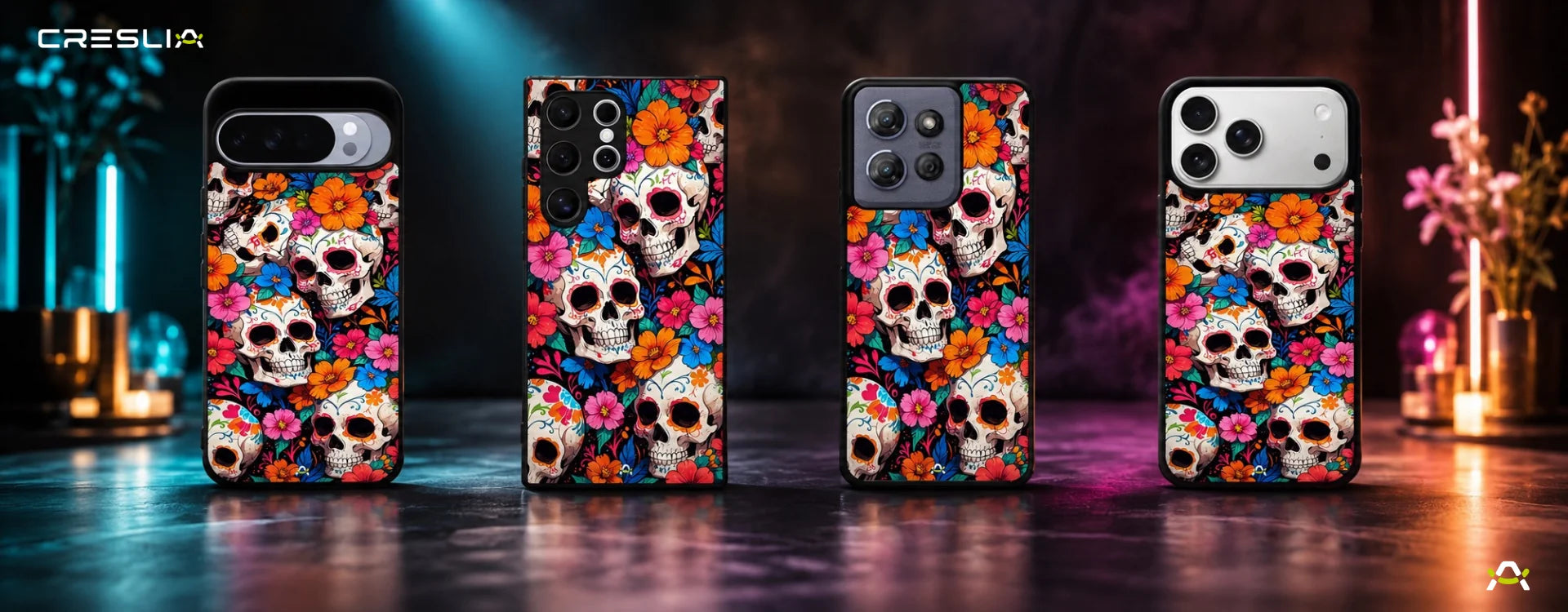 Creslia color skull floral phone case - color skull floral phone case desktop banner