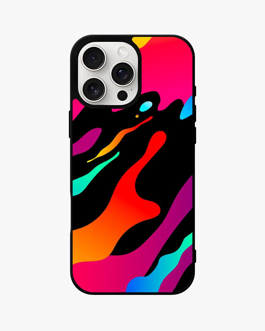 Glossy Color Splash Case for iPhone featuring vibrant neon patterns on a black background.