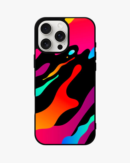 Glossy Color Splash Case for iPhone featuring vibrant neon patterns on a black background.