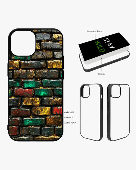 Colorful brick wall aluminum phone case with anti-skid, anti-dust, and anti-shock features for iPhone and other models.