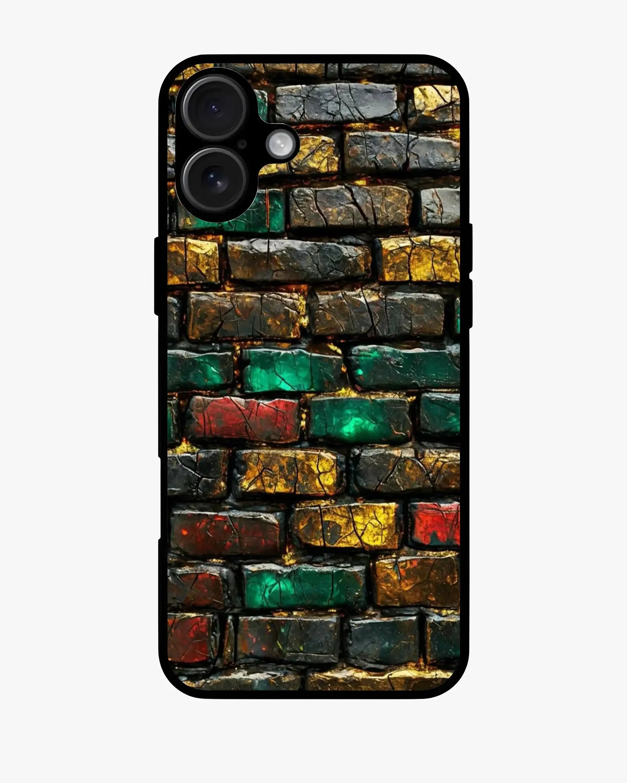 Colorful brick wall aluminum back case for iPhone, Samsung, OnePlus & Google Pixel, showcasing vibrant street-art design.