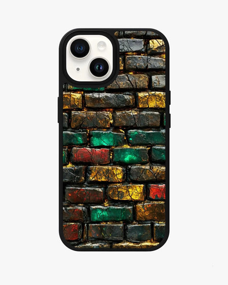 Colorful brick wall design aluminum back case for iPhone, Samsung, OnePlus & Google Pixel phone models.
