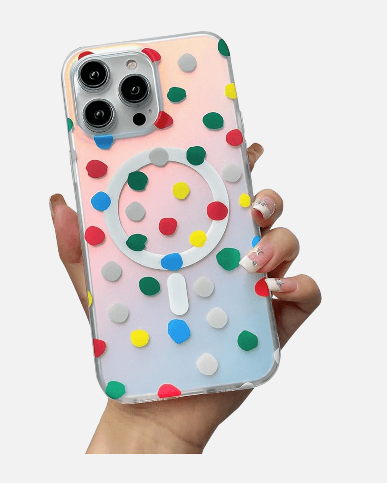 Colorful polka dot MagSafe case for iPhone held in hand, showcasing vibrant holographic glitter design.