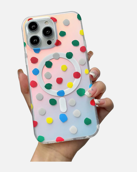 Colorful polka dot MagSafe case for iPhone held in hand, showcasing vibrant holographic glitter design.