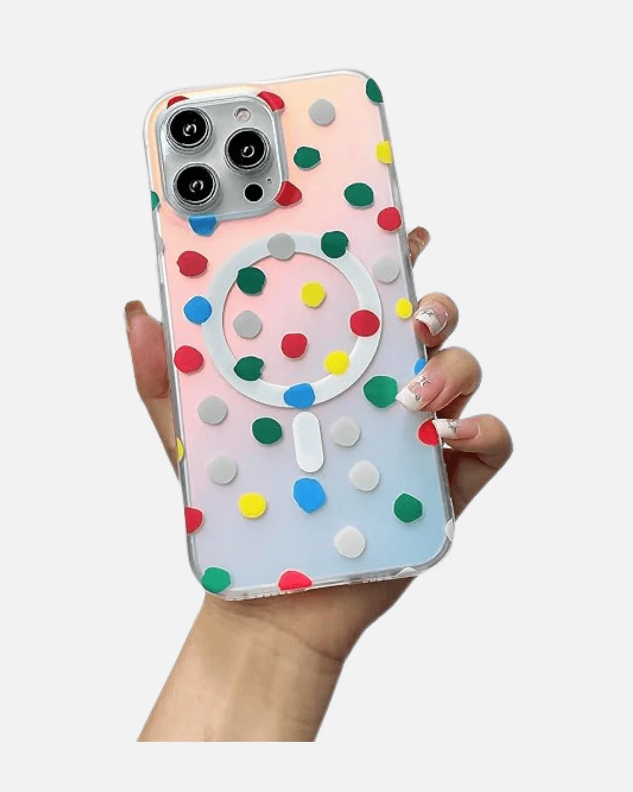 Colorful polka dot MagSafe case for iPhone 13/14/15/16E series, showcasing vibrant design and shockproof protection.