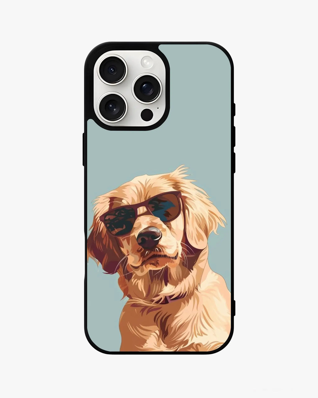 Glossy dog printed phone case featuring a golden retriever in sunglasses for iPhone and Samsung.