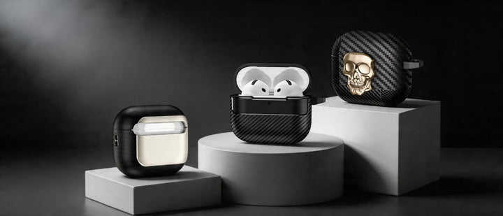 Creslia AirPods Pro protective case lineup featuring leather, carbon fiber, and gold skull carbon fiber designs