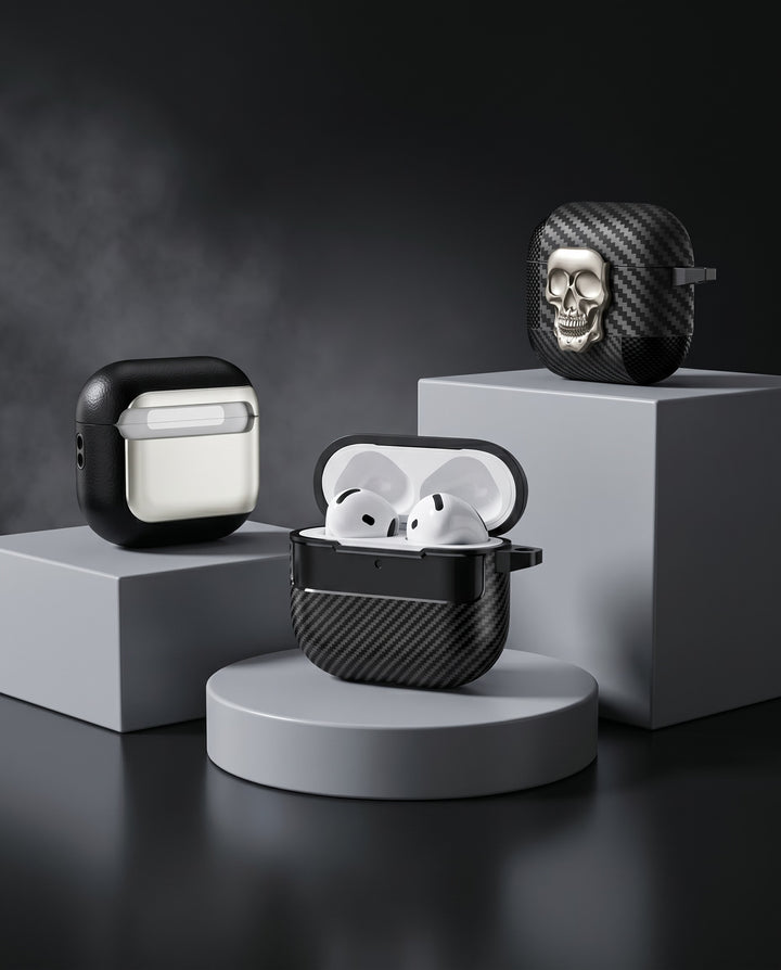 Creslia AirPods Pro case collection with black leather case, carbon fiber case, and skull design carbon fiber case