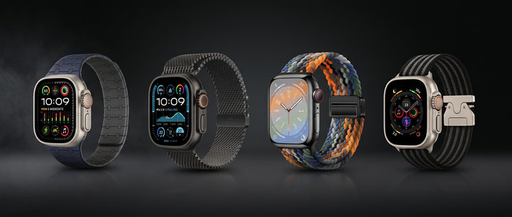 Creslia Apple Watch Ultra band collection featuring titanium link bracelet, milanese mesh loop, multicolor braided solo loop, and striped carbon strap