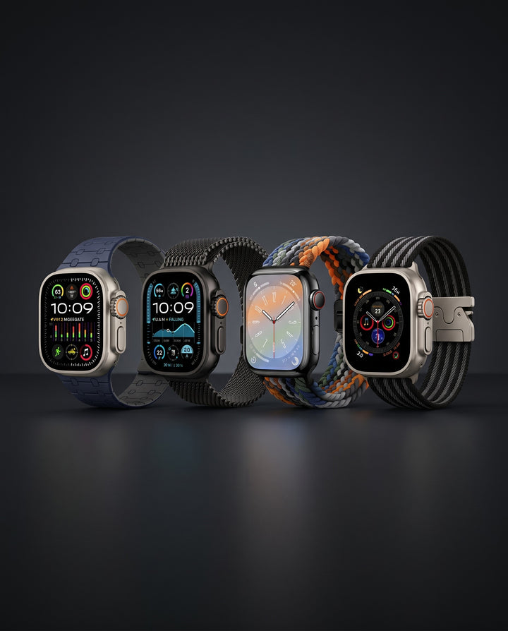 Creslia Apple Watch Ultra band collection with titanium link bracelet, milanese loop, braided solo loop, and carbon strap