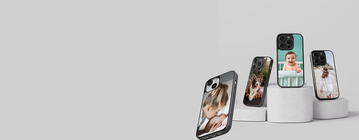 Creslia custom photo phone cases displayed on white pedestals featuring personalized prints of family, baby, pet, and travel photos on iPhone cases
