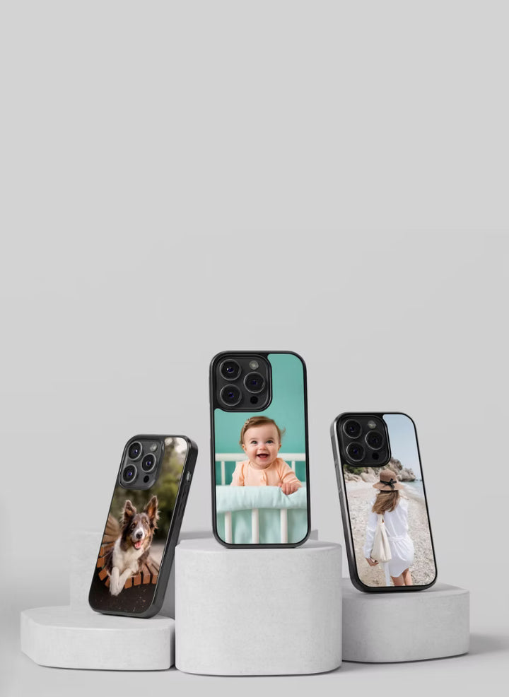 Creslia personalized photo iPhone cases on white display stands with custom printed pet, baby, and travel photos