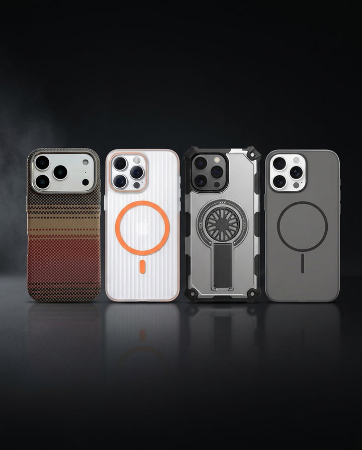 Creslia iPhone case collection with checkered pattern case, white ribbed MagSafe case, silver rugged kickstand case, and gray MagSafe case