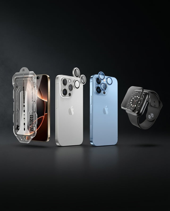 Creslia iPhone screen protector with precision applicator, camera lens rings, and Apple Watch tempered glass guard