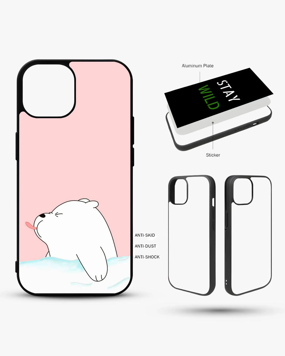 Cute Bear Tongue Out phone case construction specs for Iphone - aluminum plate, anti-skid, anti-dust, anti-shock callouts