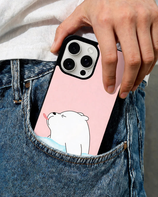 Creslia Cute Bear Tongue Out phone case styled in a jeans pocket lifestyle shot - iPhone 15 Pro - playful kawaii pink polar bear design for daily carry
