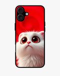 Cute white kitten phone case with glossy eyes on a bold red background, compatible with iPhone, Samsung, OnePlus, and Google Pixel.