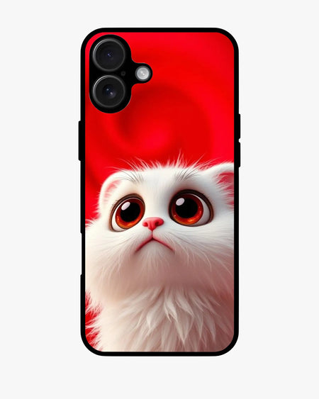 Cute white kitten phone case with glossy eyes on a bold red background, compatible with iPhone, Samsung, OnePlus, and Google Pixel.