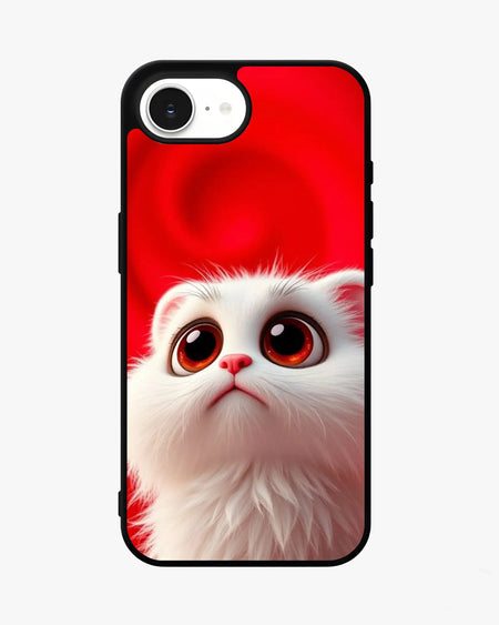 Cute white kitten phone case on a glossy background, perfect for iPhone and Samsung users.