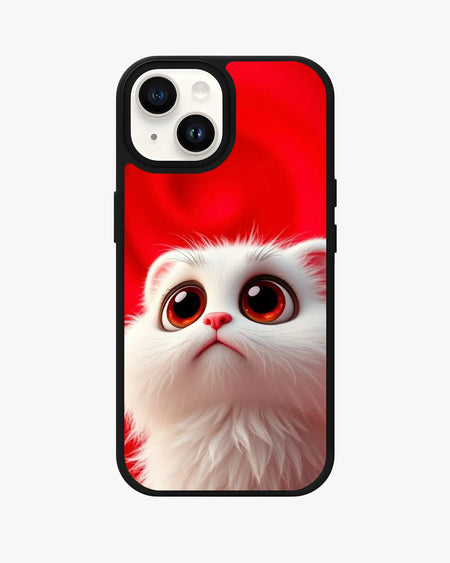 Cute white kitten phone case on a bold red background, designed for iPhone and other mobile devices.