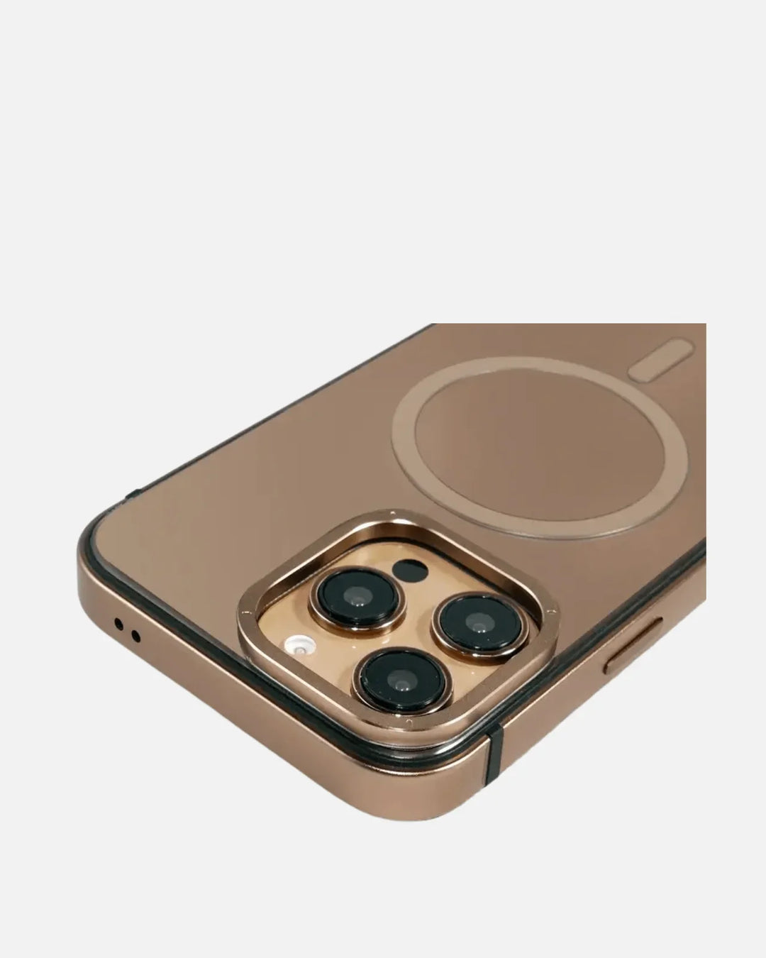 Desert Titanium MagSafe iPhone case for iPhone 16 Pro with glass back and shockproof metal bezel.