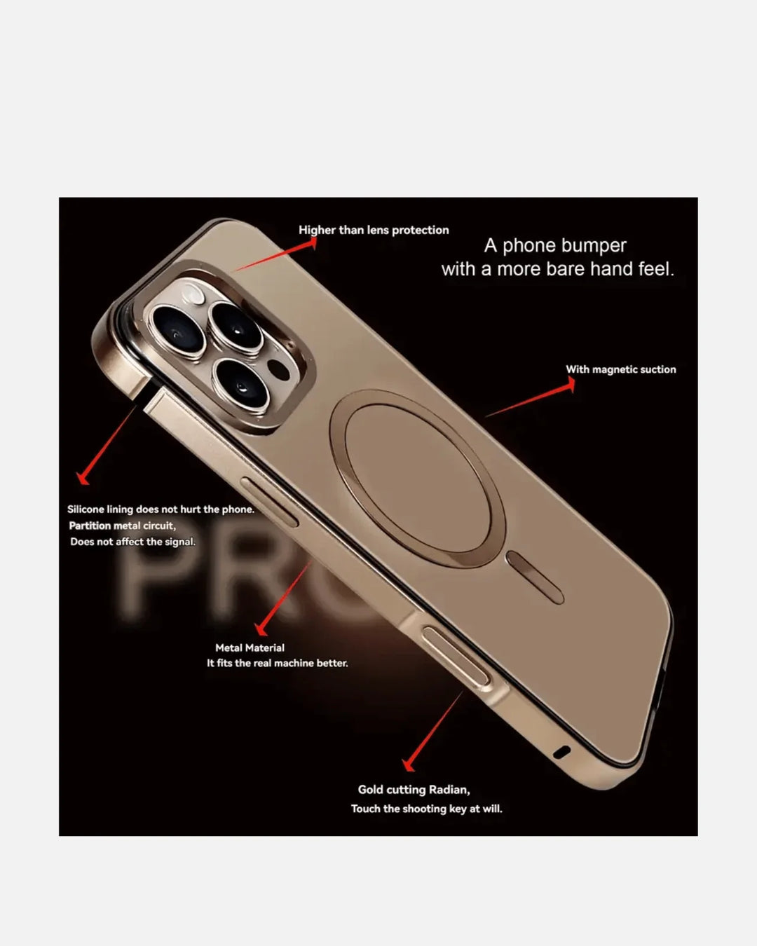 Desert Titanium MagSafe iPhone 16 Pro case showcasing metal bumper, glass back, and magnetic features.