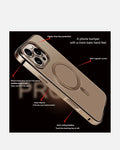 Desert Titanium MagSafe iPhone 16 Pro case showcasing metal bumper, glass back, and magnetic features.