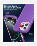 Elevated bezels of DualPro Shockproof Case protect iPhone 16 Pro Max screen and camera with 2mm edges in purple and pink.