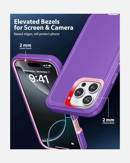 Elevated bezels of DualPro Shockproof Case protect iPhone 16 Pro Max screen and camera with 2mm edges in purple and pink.