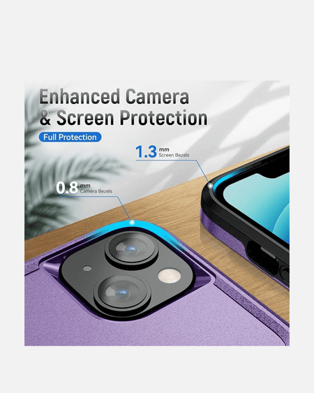 Enhanced camera and screen protection features of a purple dual-layer shockproof case for iPhone.