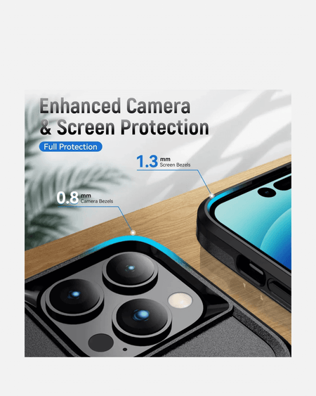Enhanced camera and screen protection details for iPhone case, showcasing 0.8mm camera bezels and 1.3mm screen bezels.