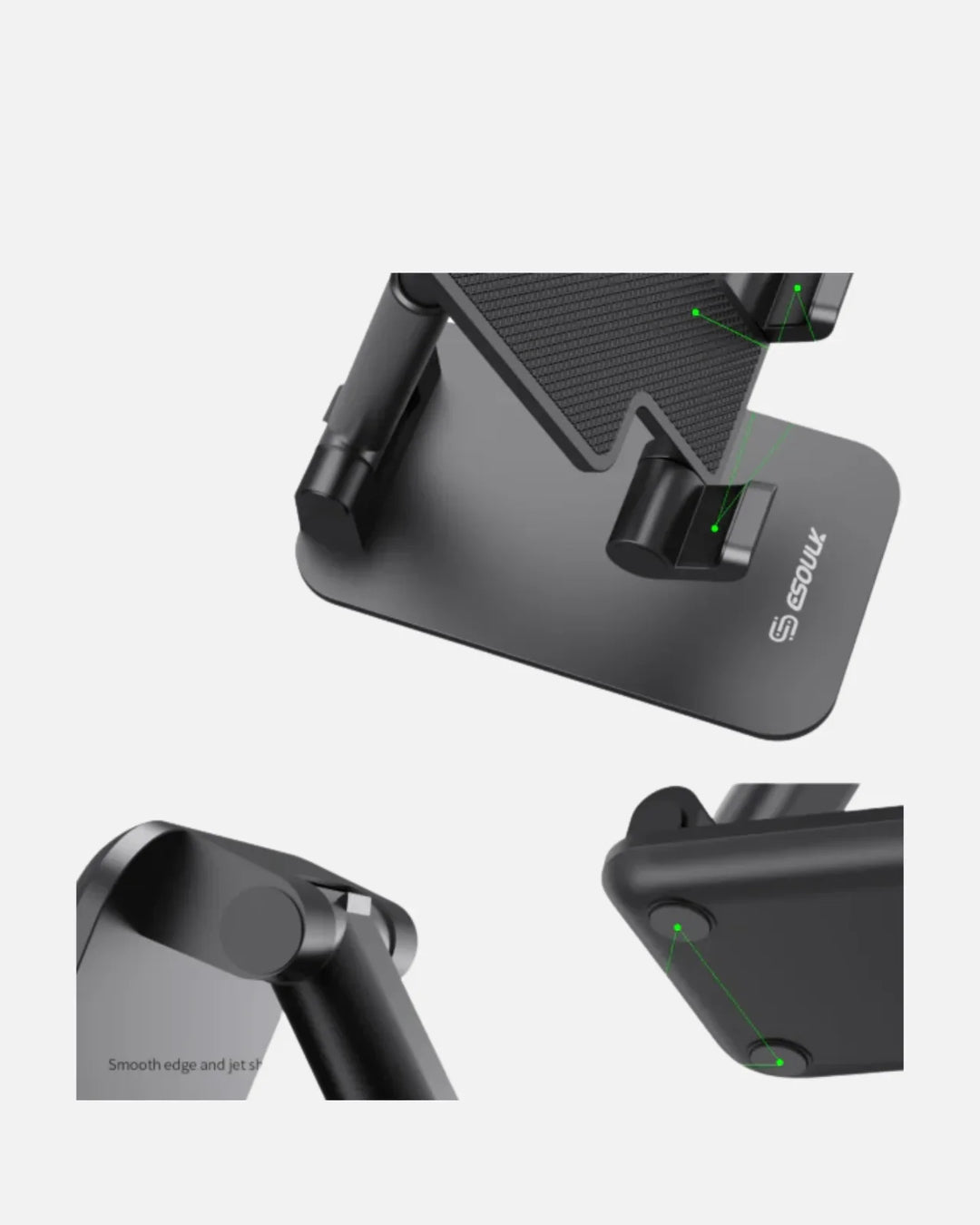 Close-up of Esoulk EH40 adjustable mobile and tablet stand showcasing sleek black design and smooth edges.