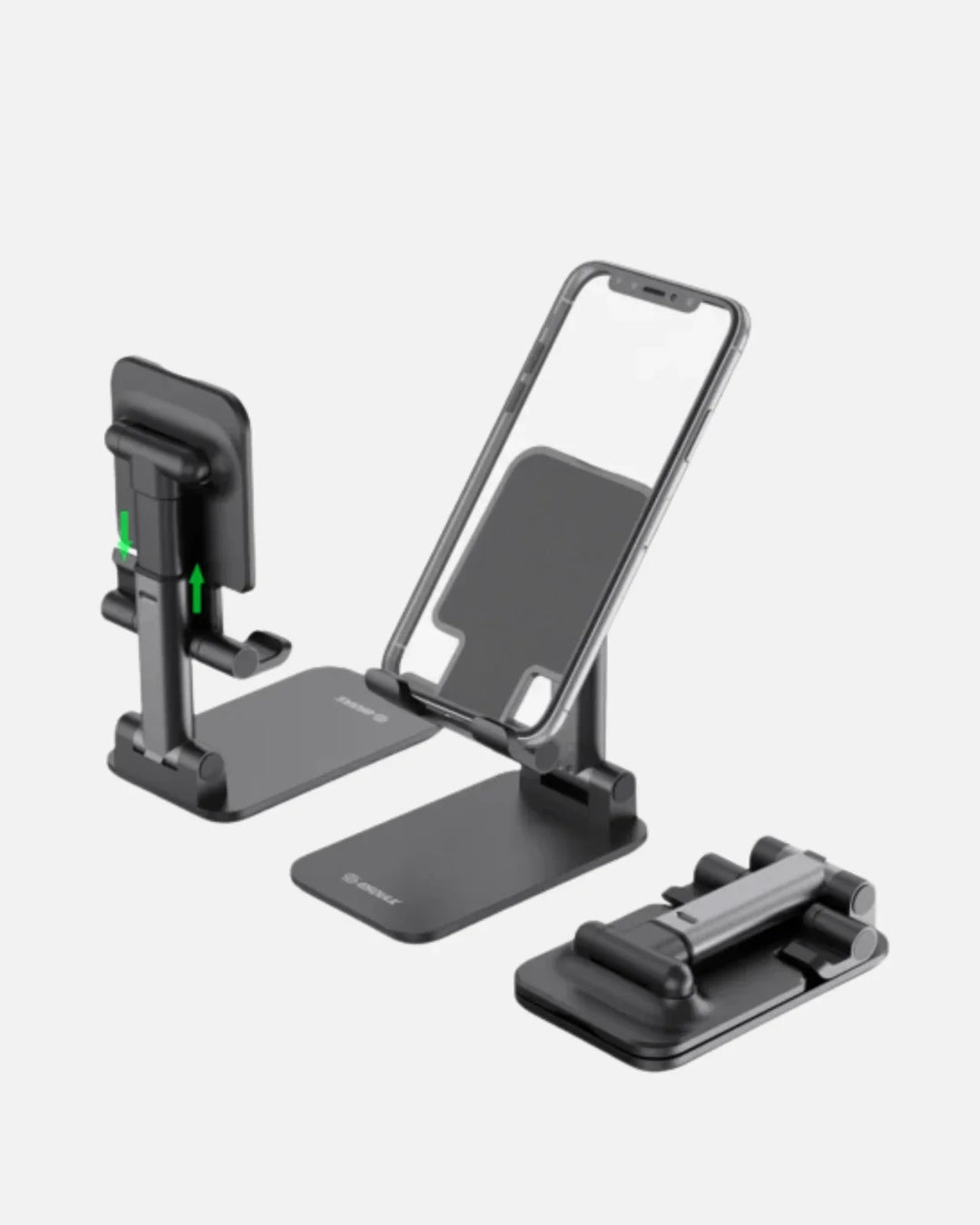 Adjustable foldable mobile and tablet stand in black, supporting various devices for optimal viewing and comfort.