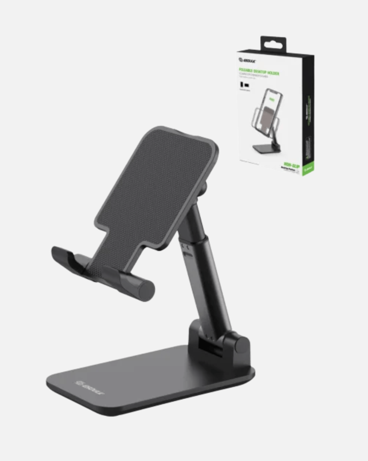 Esoulk EH40 adjustable foldable mobile and tablet stand in black with packaging, perfect for 4 to 8-inch devices.