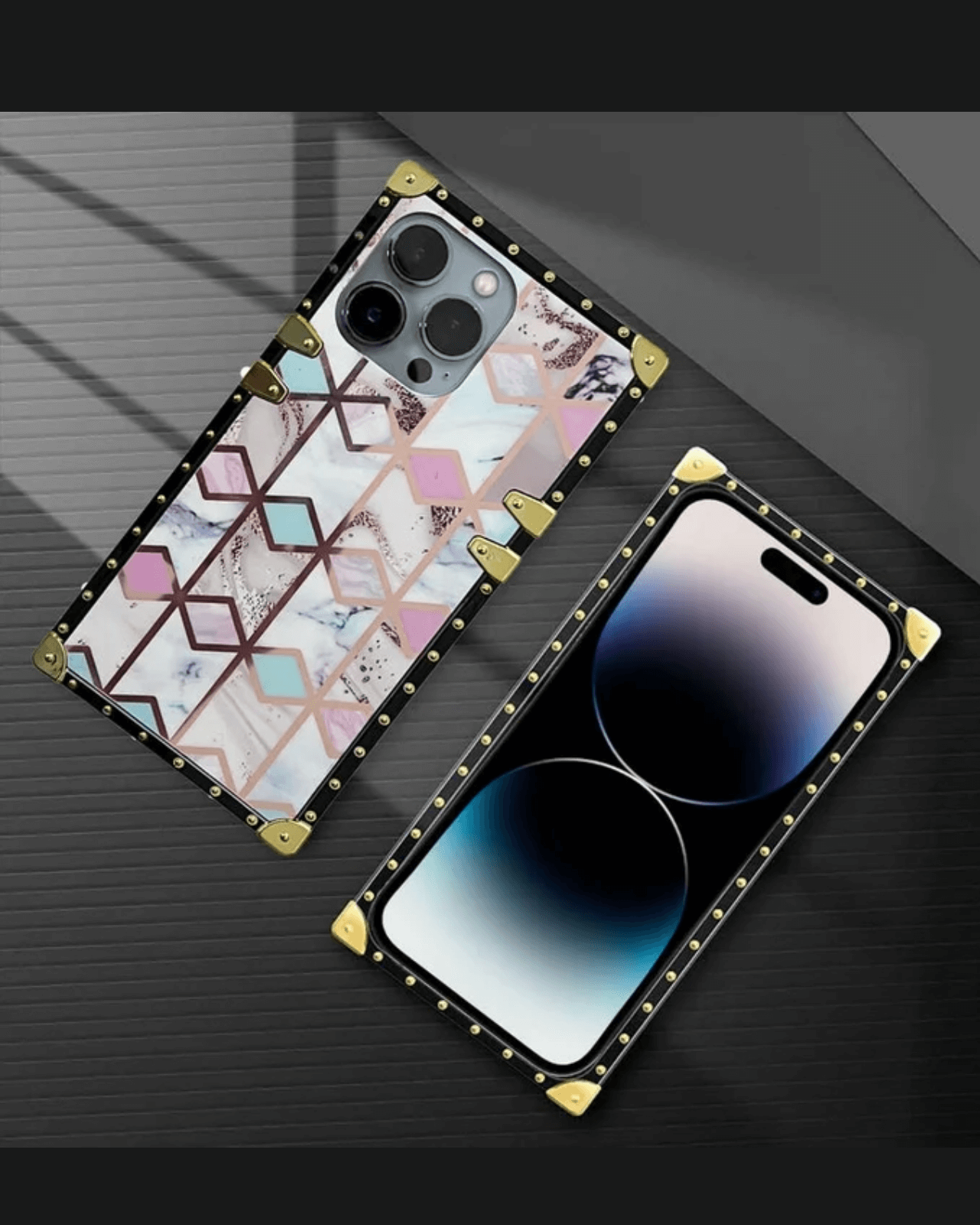 Geometric marble square case for iPhone 13/14/15 with gold studs, luxury design, pink and black patterns.