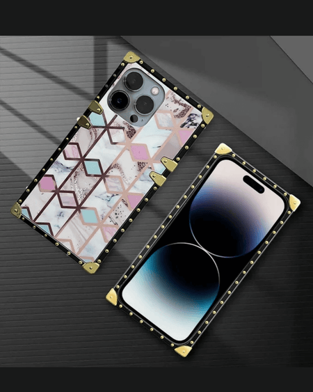 Geometric marble square case for iPhone 13/14/15 with gold studs, luxury design, pink and black patterns.