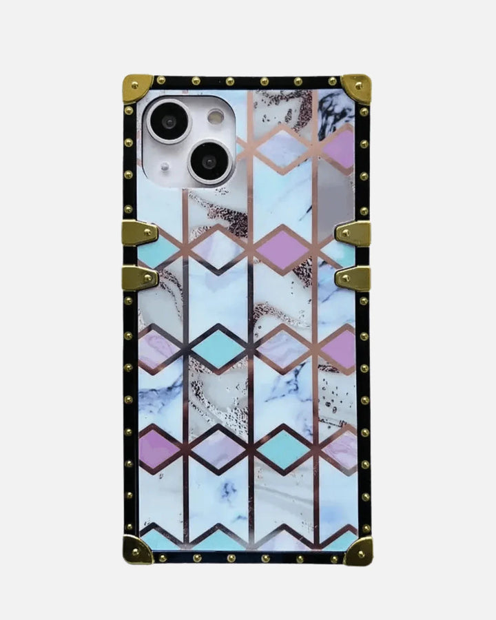 Geometric Marble Square Case for iPhone 13/14/15 in white and gold with studded frame.