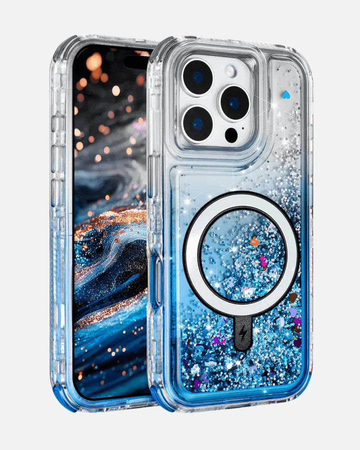 Glitter Liquid MagSafe Case for iPhone 16 Pro Max in Blue Sparkle, showcasing dynamic glitter design and shockproof edges.